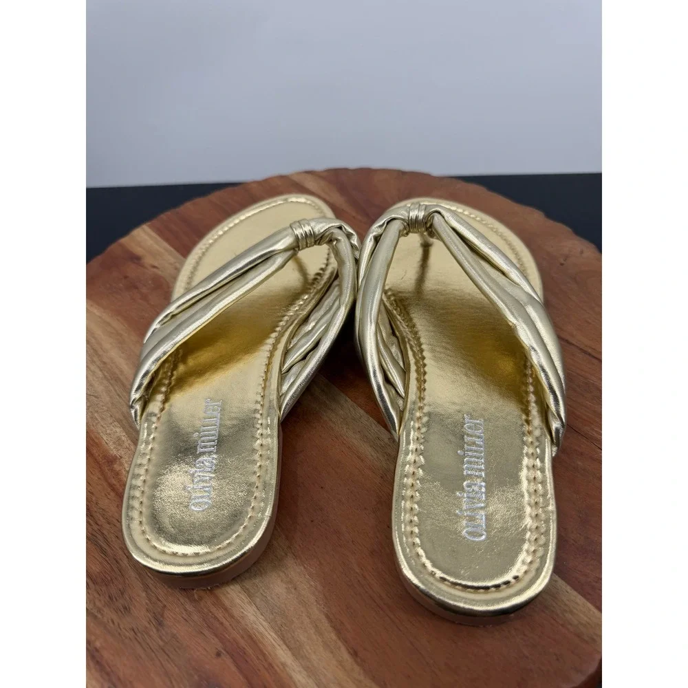 Olivia Miller Pleated Puff Thong Sandal Women Size 8 Gold Metallic Flat Shoe